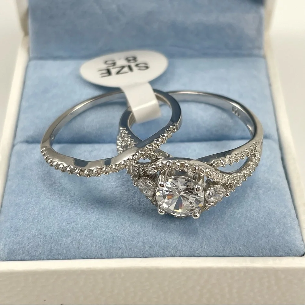 White 5A CZ Solid Silver 2 Piece Wedding Bridal Ring Set Sz 8.5